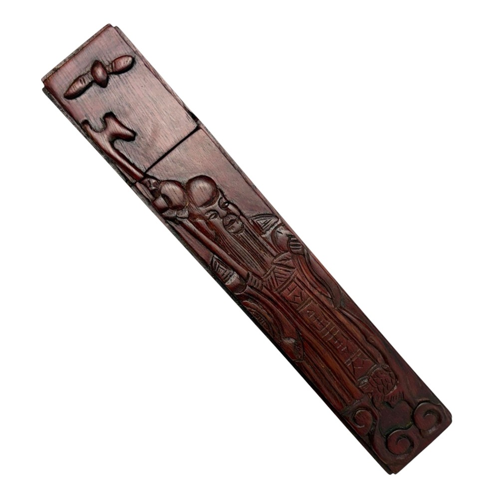 Vtg Asian Style Carved Wood Chopstick Holder with 4 Pair Decorative Chopsticks